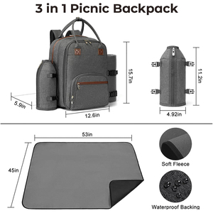 Sac à dos isotherme spacieux pour 2 personnes avec double compartiment réfrigérant, doublure anti-fuite, couverture imperméable et ensemble complet de couverts - Product Image 2