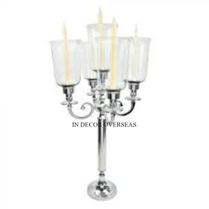 Color plata acabado brillante pulido lujo calidad Metal y vidrio transparente hecho 5 brazos Decoración de mesa candelabros de La India - Product Image 3