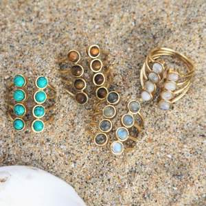 Ensemble de bagues en pierres précieuses à bulles, bagues empilables en laiton réglables avec pierre de lune, turquoise et œil de tigre, bijoux faits à la main en gros - Product Image 2