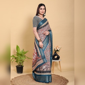 Sari en lin et coton artistique durable, brun patineux et turquoise, GG-614, avec patta en jacquard de lin, mettant en valeur les traditions - Product Image 5