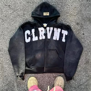 100% algodón térmico personalizado calidad Premium peso pesado cremallera completa básicos parches bordados sudaderas lavado ácido hombres sudaderas con capucha - Product Image 1