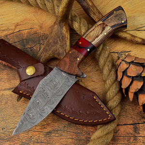Cuchillo de caza de supervivencia táctico con mango de madera de hoja de Damasco fija de alta calidad con funda, cuchillo de caza portátil - Product Image 2
