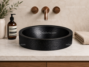 DIVRIS Lavabo vasque ovale noir martelé fait main, surface polie, à poser sur comptoir, design industriel, pour salle de bain, 17 pouces - Product Image 4