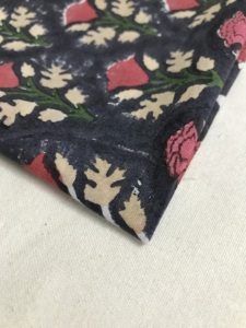 <b>Black</b> Base Hand Block Printed Cotton Fabric with Red & Beige Floral Motif Traditional Indian Textile - Product Image 4