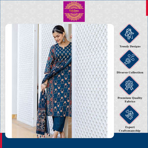 High Quality Summer Special Stylish Elegant and Breathable Designer Cambric Cotton A-<b>Line</b> Kurti with Matching <b>Pant</b> Dupatta Set - Product Image 3