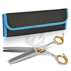 Ciseaux à effiler les cheveux élégants, finition polie, acier inoxydable avec vis réglable dorée et étui pour un effilage précis des cheveux - Product Image 1