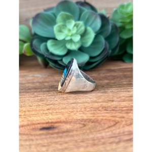 Gilbert Smith Men's Rhodium Plated Sterling Silver <b>Turquoise</b> Inlay <b>Ring</b> Geometric Pattern Size 11.5 - Product Image 4