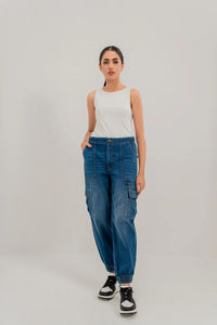 Custom Made Fashionable High Waist Cargo Denim Pants for <b>Women</b> Solid Color Breathable Jeans with Flat Front Style OEM Serviced - Product Image 3