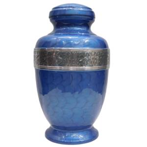 Urnes de crémation adultes en aluminium de conception classique et nouvelle supérieure avec l'étain de bande de gravure et émail de couleur bleue finis. - Product Image 1
