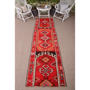 Turkish 2.6x9.5 ft Rug, Herki Vintage Rug, <b>Red</b> Polka dot Rug <b>Wool</b> - Product Image 1