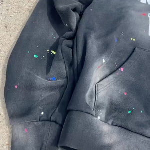 Sudadera con capucha para hombre con cremallera y diamantes de imitación personalizada con serigrafía vintage lavada con ácido de diseño de salpicaduras de pintura elegante OEM - Product Image 3