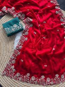 La ropa de fiesta de mujer elegante más atractiva del diseñador indio, Sari, hermoso diseño bordado, tela de seda espacial, estilo tradicional - Product Image 2