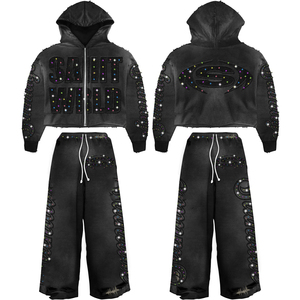 ชุดเซ็ตสเวตแพนท์และฮู้ดดี้ทรงโอเวอร์ไซส์ ผ้าหนา สไตล์สตรีทแวร์ พิมพ์ลายเอง ล้างสีแบบแอซิดวอช ซิปหน้า สำหรับผู้ชาย - Product Image 1