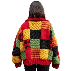 Custom Embroidered <b>Crochet</b> Oversized Patchwork Color Block Chunky-<b>Knit</b> 100% Cotton <b>Cardigan</b> Moss Stitch Ribbed Button Front OEM - Product Image 2