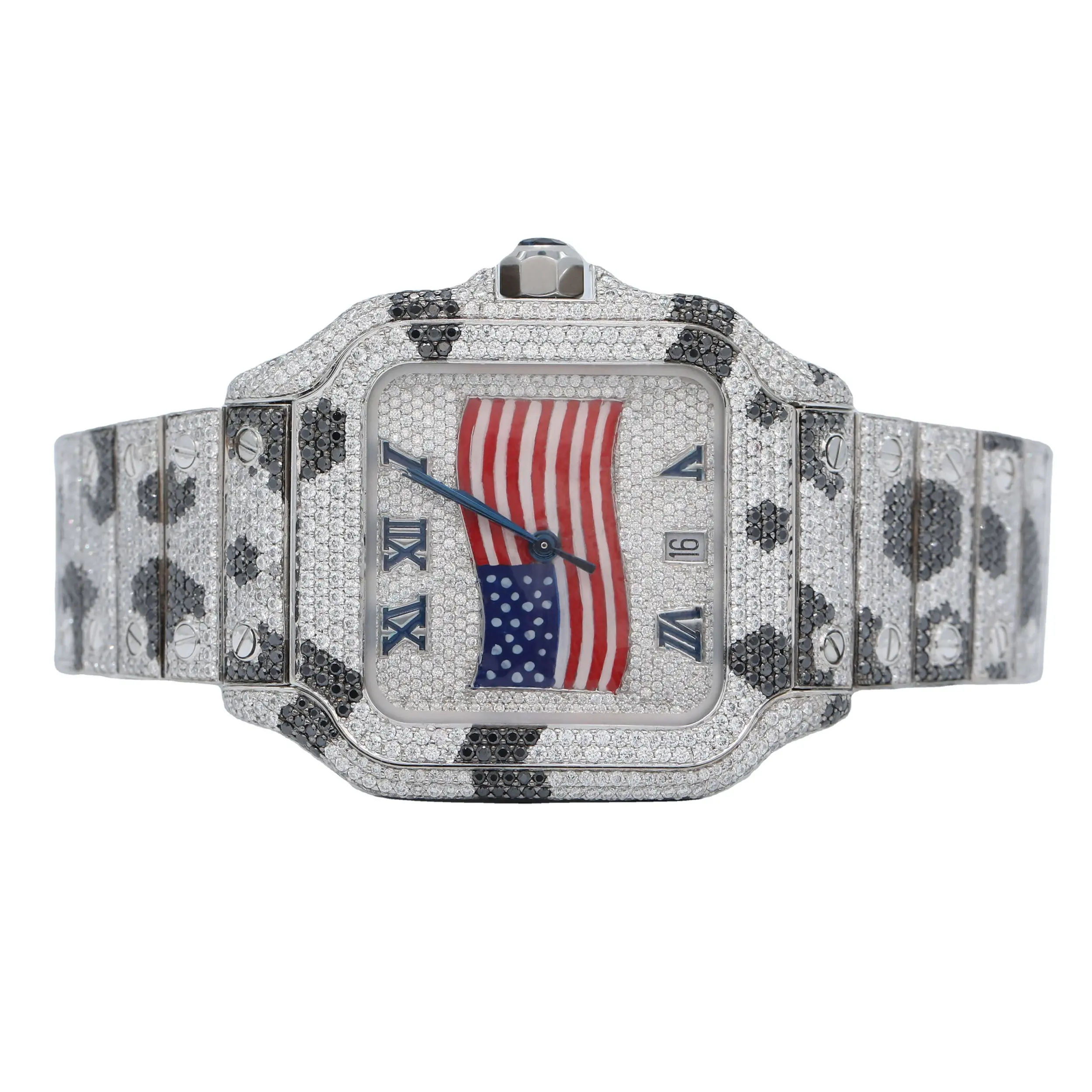Limited Edition Bicolor Natural Diamond Zebra Print Hip Hop Icy Watch with USA Flag Dial Featuring for Men