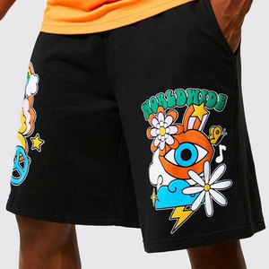Shorts de jogging pour homme en molleton bouclette vintage délavé à l'acide avec logo personnalisé, imprimé 3D en relief, ourlet brut, style hip-hop, taille élastique - Product Image 3