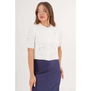 Wholesale Short Sleeve <b>White</b> Bow Ribbon Knitted <b>Cardigan</b> for <b>Women</b> - Product Image 5