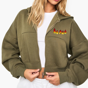 OEM/ODM 100% algodón polar Zip up Crop Top sudaderas con capucha de calidad superior ligero Color sólido logotipo personalizado impreso sudaderas con capucha de las mujeres - Product Image 1