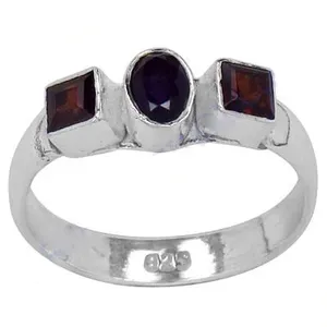 14K Classic Style <b>Garnet</b> & Amethyst <b>Ring</b> Natural Stone Pear Shape Rhodium Plated Set 925 Silver for Women Great Gift Jewelry - Product Image 1