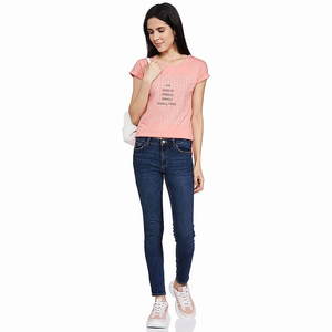 Camisetas con estilo para mujer Camiseta de algodón de medio penal para impresión personalizada Camiseta de manga corta con cuello en V - Product Image 4