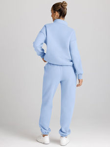 Survêtements pour femmes bleu clair 2 pièces tenues pull à manches longues demi-fermeture éclair et pantalon de survêtement baggy avec poches respirant - Product Image 3