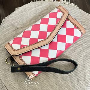 Portefeuille long en cuir à carreaux rose tendance, en cuir véritable, blocage RFID, organisateur de cartes de crédit pour femmes, pochette à poignet - Product Image 1