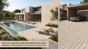 Vein Cut Travertine Filled Sandblasted Brushed <b>Stone</b> Paving Tiles 20x20cm Outdoor Durable Garden Driveway Pavers Made in Turkiye - Product Image 2