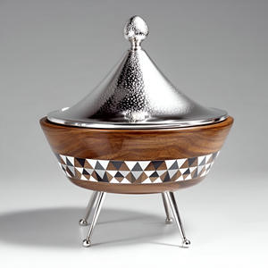 Designer Casserole with Lid Crowned Metal Stainless <b>Steel</b> Dishes & Geometric Wood Base Ideal for Sophisticated Cooking & Serving - Product Image 2