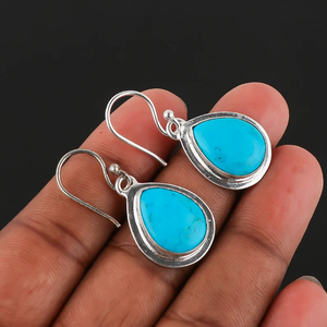Handmade Minimalist Turquoise Dangle <b>Earrings</b> Elegant Teardrop Design Natural Stone Accentuated Sterling <b>Silver</b> Wedding Gift Her - Product Image 1