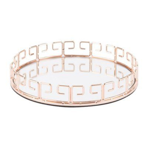 Plateau de service moderne en verre avec cadre rond en métal doré et motif géométrique, pièce d'accent de décoration intérieure, plateau de présentation décoratif - Product Image 2