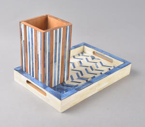 Plateau de service rectangulaire en bois de manguier fait main avec incrustation de résine jaune et bleue vibrante, motif marocain, plateau ottoman décoratif - Product Image 1