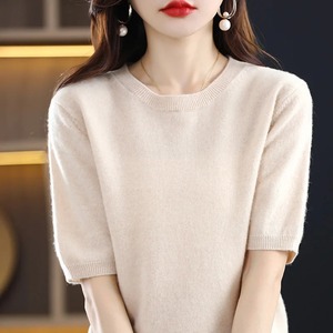 เสื้อสเวตเตอร์ขนสัตว์แขนสั้นสำหรับผู้หญิง, เสื้อสเวตเตอร์ถักแบบสวมหัวทรงหลวมเรียบง่ายสำหรับ100% ฤดูใบไม้ผลิและฤดูร้อน - Product Image 3