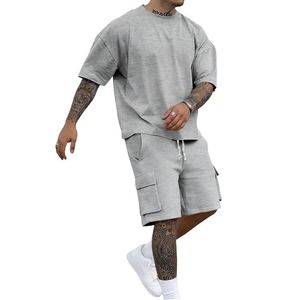 Conjunto de Verano para Hombre, Dos Piezas, Deportivo, Transpirable, Camiseta y Pantalones Cortos, Color Sólido, Cuello Redondo, Manga Corta, Ajuste Holgado, 100% Algodón, Talla Grande - Product Image 5
