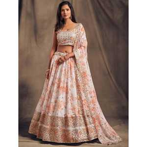 Lehenga Choli de mariage en organza imprimé floral blanc, vêtements de fête - Product Image 6