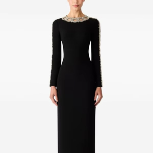 Elegante antiestático hasta el suelo cuello redondo lentejuelas adornado gasa Top cómodo recto silueta vestido de noche para fiestas - Product Image 1