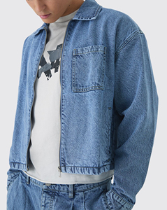 Veste en jean délavée à logo imprimé personnalisé sur le devant, tendance et longue, pour homme, 100% coton, hip-hop - Product Image 6