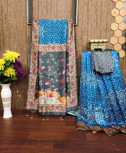 Sari pour femme de la collection Premium Evergreen Design en soie brute avec des motifs Bandhani Butti et des bordures Kalamkari, fabricant de mode féminine - Product Image 6