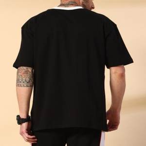 T-shirt homme noir blanc avec manches tombantes longueur régulière cou couleur bloquée 100% coton grande taille Design Made India - Product Image 6