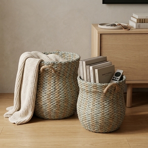Natural Seagrass Recycled <b>Plastic</b> Storage <b>Basket</b> Set Blue Grey Herringbone Belly Pot Planter Handle Pure Art Room Decor Design - Product Image 6