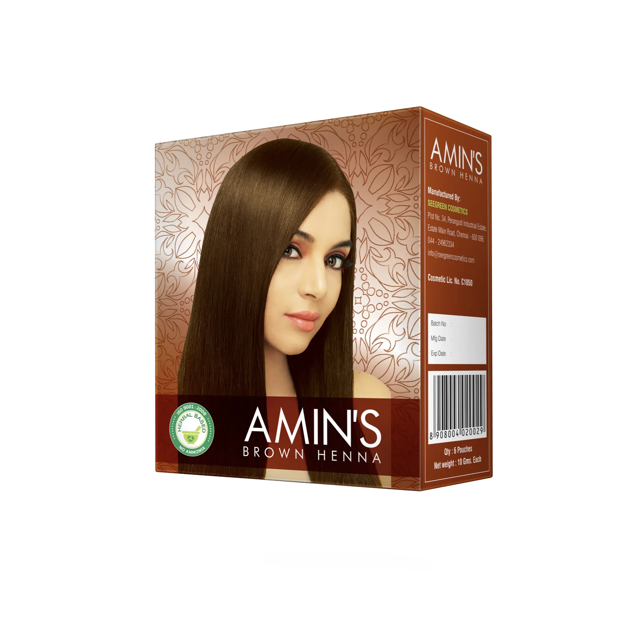 Amin's Brown Henna Hair Dye Powder Salon Professional 100% Gray Coverage