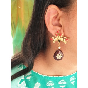 Pendientes florales de oro rojo hechos a mano con piedra en forma de lágrima, joyería colgante tradicional para mujer, ropa festiva y de boda - Product Image 1