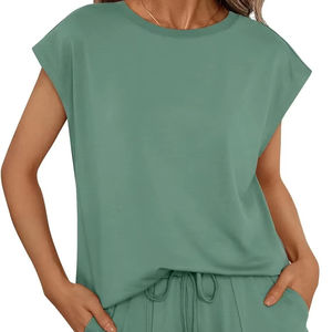 100% coton en gros 2 pièces ensemble femmes personnalisé manches décontractées moins short chemise qualité supérieure séchage rapide femmes ensembles - Product Image 1