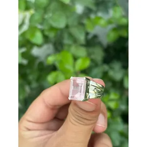 925 <b>Silver</b> <b>Ring</b> with Rose Quartz and <b>Emerald</b> Cut for Engagement - Product Image 2