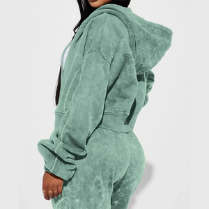 Ensemble personnalisé de haute qualité poids lourd 100% coton délavé à l'acide sweats à capuche zippés Survêtements unis vierges pour femmes - Product Image 3