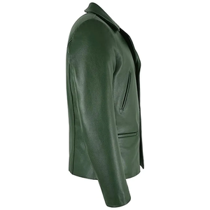 Chaqueta de Cuero Genuino Verde para Hombre, Estilo Motero, Cuello Camisero, Corte Ajustado, Cierre de un Solo Botón, para Otoño - Product Image 3