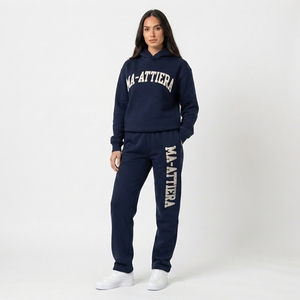 <b>Womens</b> <b>Navy</b> Blue Fleece <b>Hoodie</b> Tracksuit Set Pullover Sweatshirt Jogger Pants Embellished Casual Sportswear Loungewear - Product Image 1