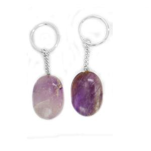 Porte-clés ovale en pierre naturelle améthyste, pierre précieuse dorée, vente en gros - Product Image 4