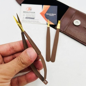 Ciseaux professionnels à ressort et pinces à épiler pour sourcils, outil de toilettage des cheveux, marron mat avec étui, outils de beauté en acier inoxydable - Product Image 4