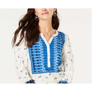 Style Co Women's Cowl Neck <b>Thermal</b> <b>Top</b> Size X-Large Blue Poplin Knitted Fabric Embroidered Breathable Casual Loose for Autumn - Product Image 2