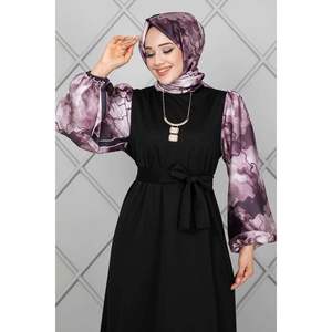 Shawl Sleeved Satin Long Hijab <b>Dress</b> <b>Purple</b> - Product Image 2